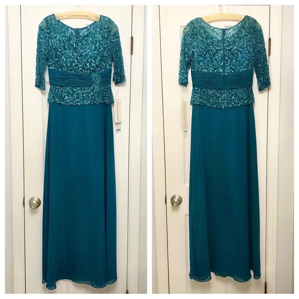 Cameron Blake by Mon Cheri Gown Dress Teal Beaded Sequins MOB Formal NWT 8
